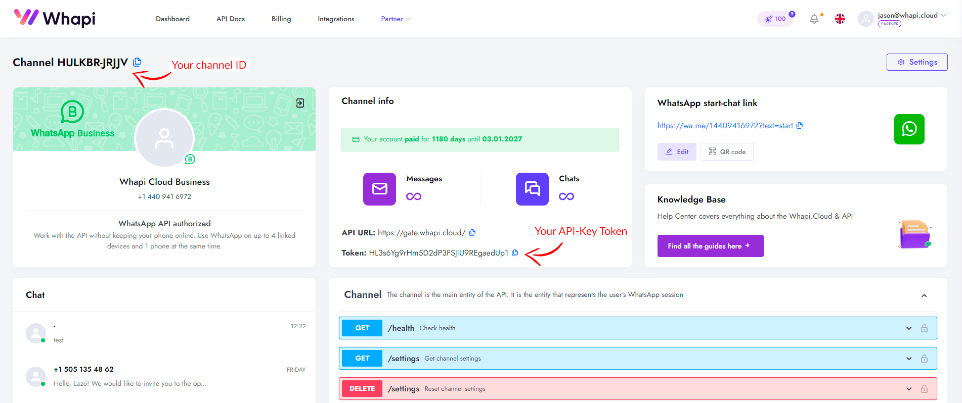 API token field in the channel card