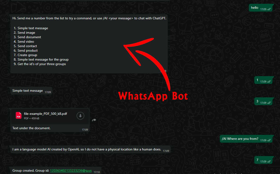 An example of interaction with a WhatsApp AI bot that works with groups and many features