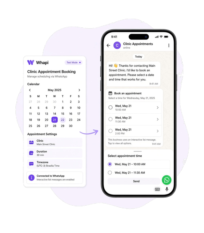 Panel de desarrollo junto a un teléfono con un chat de reserva en WhatsApp y una lista interactiva abierta de horarios de cita.