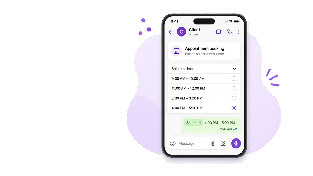 Chat de WhatsApp en un teléfono con una lista interactiva de horas de visita y el slot elegido resaltado como respuesta enviada.