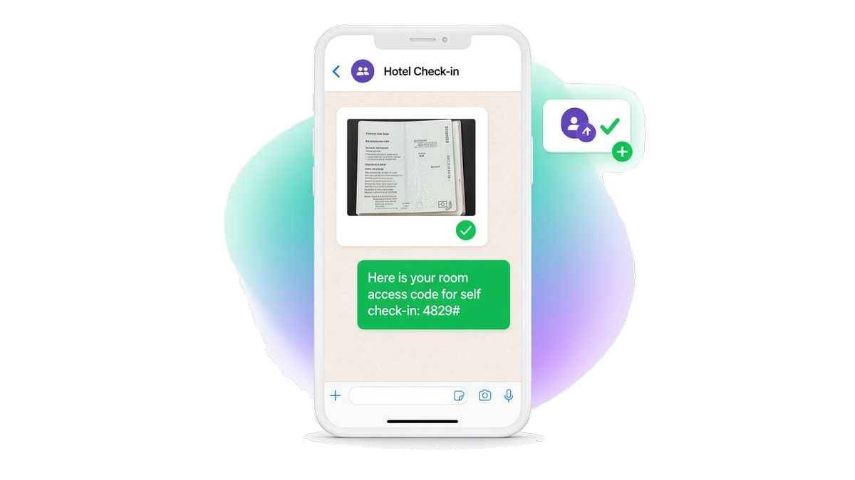 WhatsApp chat on a phone showing a guest passport document above a reply that contains the hotel door access code.