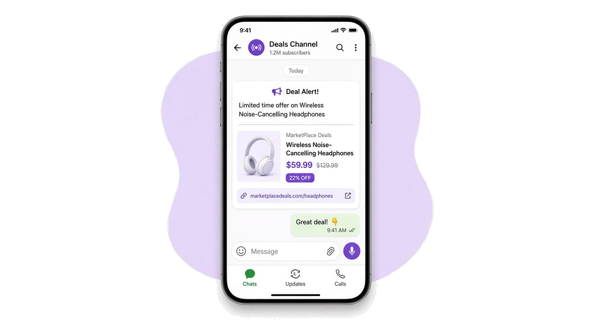 WhatsApp Channel or group chat on a phone showing a link-preview deal post with product title, price, and an affiliate product link.