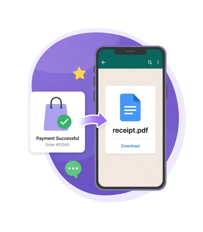 Un pago confirmado junto a un teléfono cuyo chat de WhatsApp muestra el archivo del recibo que recibió quien pagó.