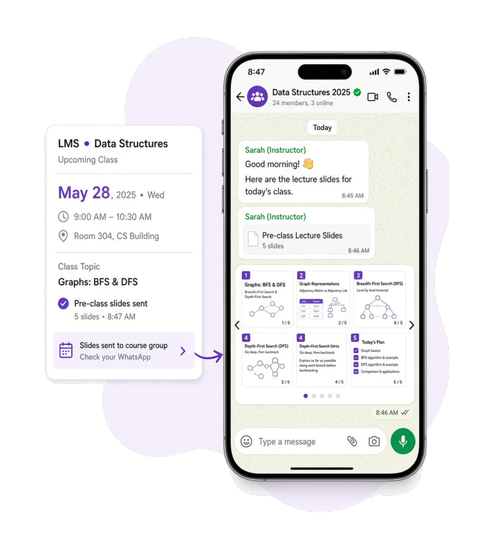 LMS calendar beside a phone whose WhatsApp course group chat shows a swipeable carousel of lecture slide images before class.
