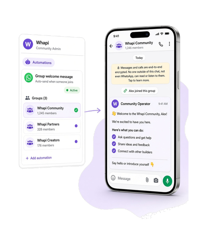 Topluluk yönetim paneli ve birinin katılmasından hemen sonra hoş geldin mesajı gösteren WhatsApp grup sohbetli telefon.