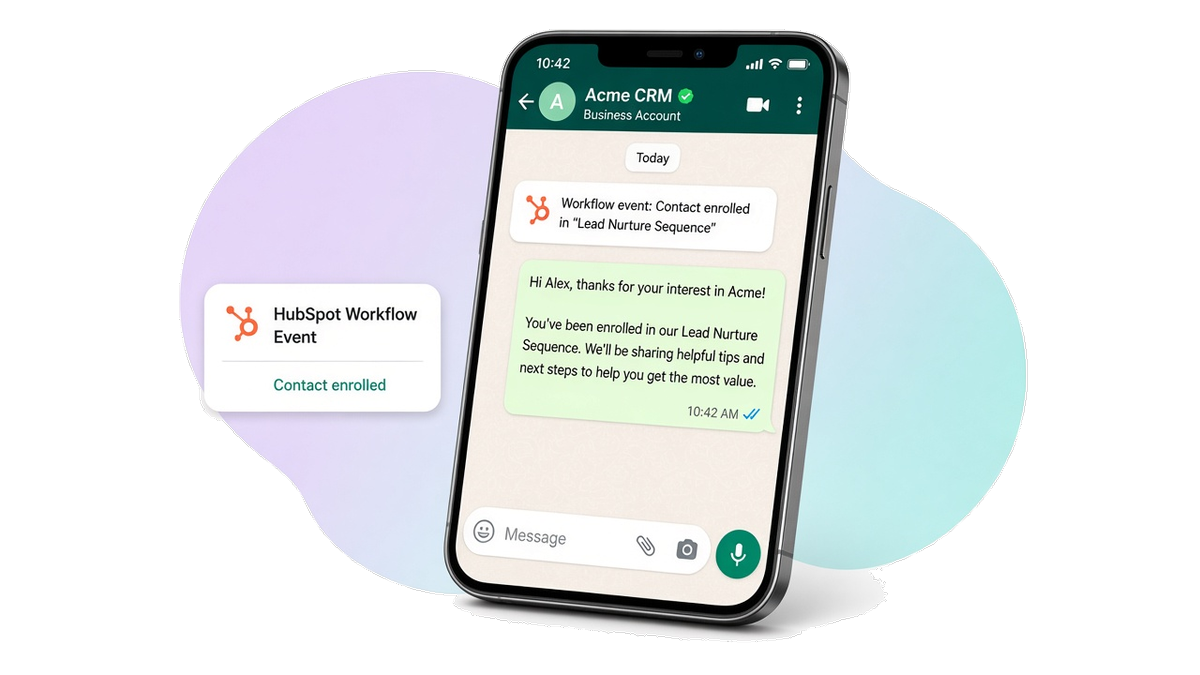 WhatsApp chat on a phone showing the follow-up text that arrived after a HubSpot workflow event for that contact.