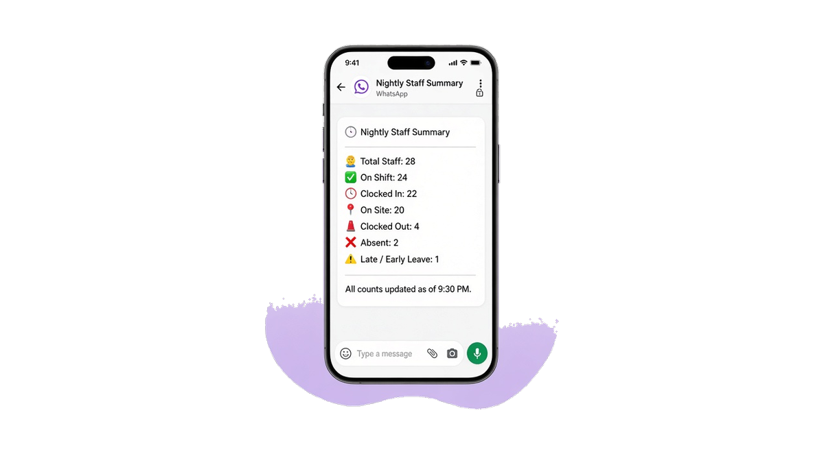 WhatsApp chat on a phone showing a short nightly staff summary message after school hours.