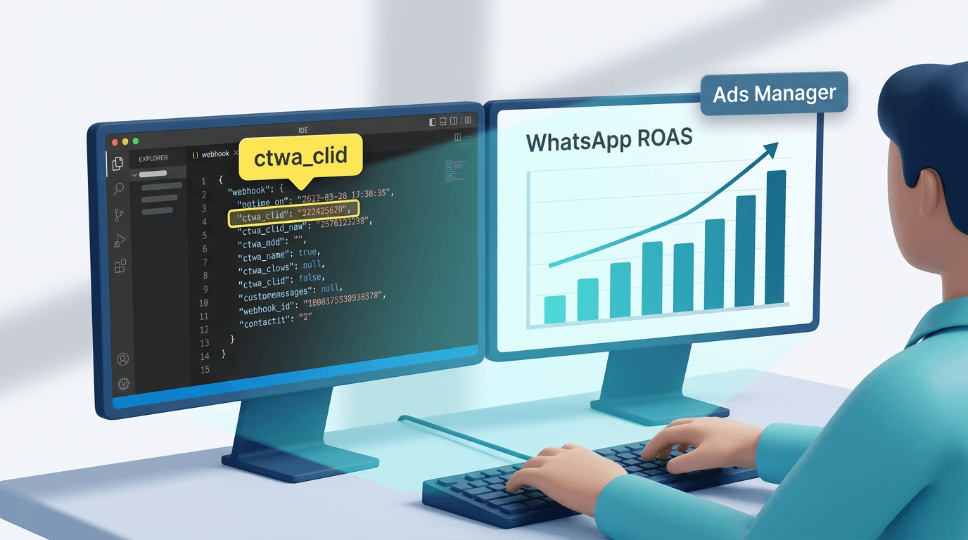 Click-to-WhatsApp ad attribution with ctwa_clid and Meta Conversions API dashboard